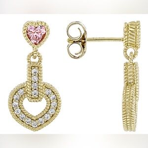 Judith Ripka Pink & White CZ 14k Yellow Gold Clad Heart Drop Earrings 3.28ctw